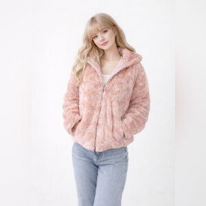 Pink Plush Faux Fur Zip Hoodie Jacket Cozy Soft Y2K Winter